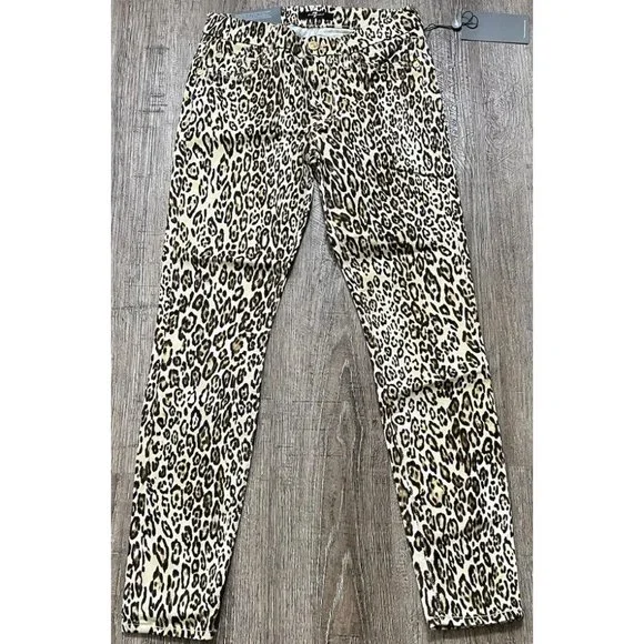 7 For All Mankind Womens Leopard Print Cropped Skinny Jeans Beige Sz 24 - Picture 1 of 2